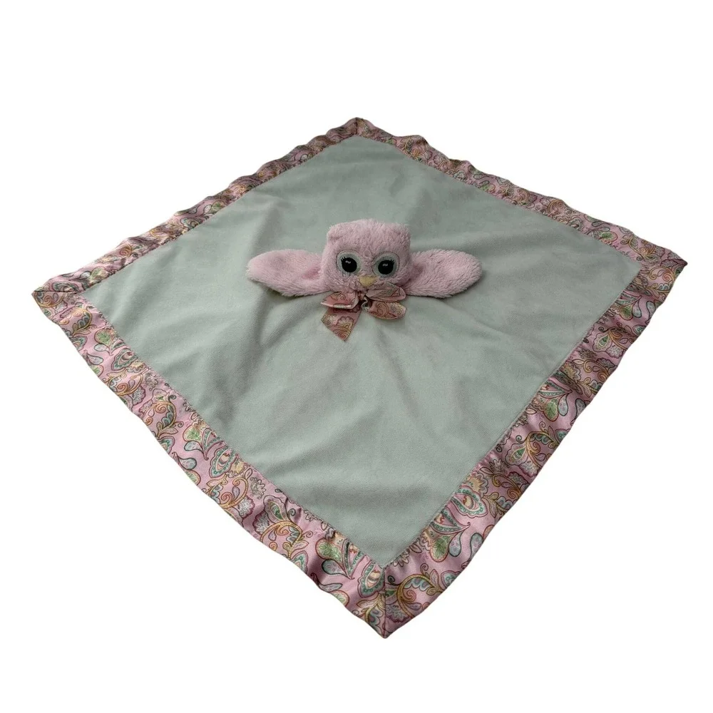 Bearington Baby Owl Security Blanket Lovey Pink Paisley Satin Sage Green 18